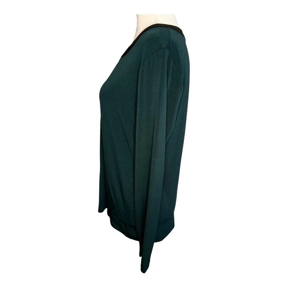 Carmen Marc Valvo Olive Green Top Long Sleeve V Neck Faux Leather Trim Small NWT - Picture 2 of 7